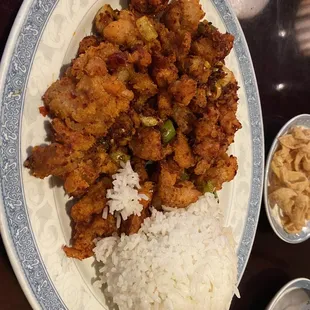 Lunch special spicy chicken. Huge portion! Not super spicy , but crispy and tasty.