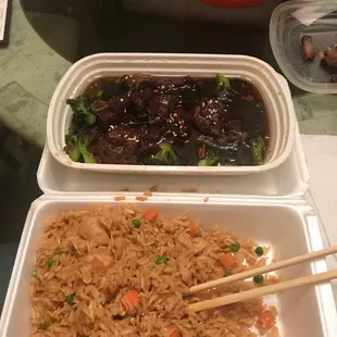 Sweet and sour pork rib with chicken fried rice.