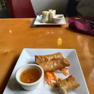Shrimp spring rolls at top. And crispy spring rolls at bottom.