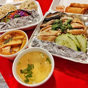 Khao Man Gai (Chicken Rice) &amp; Pad Thai Combo (Fried Rice, Egg Rolls, Tom Yum Chicken Soup)