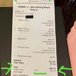Receipt showing illegal surcharge for using a credit card, California civil code section 1748.1