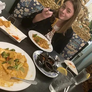 Tofu Mango Red Curry, Chili Paste Platter, Chicken Pad Thai, Crab Rangoon, Egg Roll