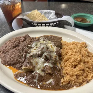 Great cheese enchiladas with Carne Guisada, with rice and beans