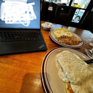 country fried steak, eggs over easy and Hash Browns