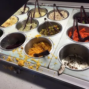 Salad bar was unattended and several popular items were not refilled like bacon and mushrooms.