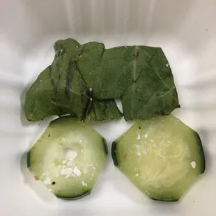 two cucumbers and a leaf