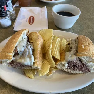 Great beef sandwich with ruffled potato chips. Delicious!