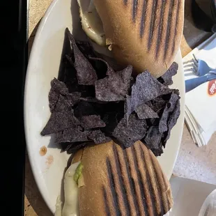 a grilled sandwich and chips