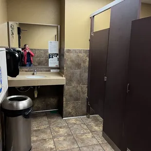 Nice and Clean in the women&apos;s restroom and Roomy handicap stall in middle.