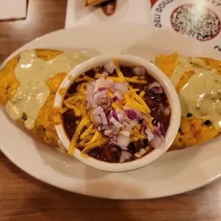 Texacado Toast and Hearty Vegetable Chili, with Blue Corn Chips &amp; Salsa
