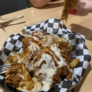 Fully loaded fries with bbq pulled pork.