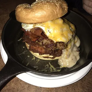 The amazing &quot;Chuckwagon&quot; on a iron skillet. This is a &quot;breakfast burger&quot;.