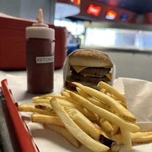 Double cheeseburger and our skin on fries.