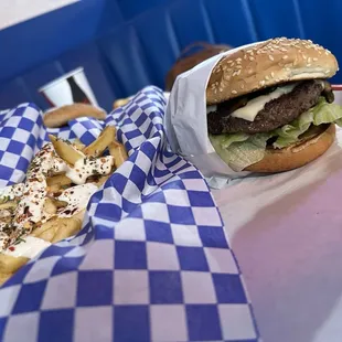 Mushroom Burger, Jasper Spicy Fries