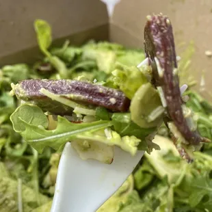 Close up of a forkful of Beetnik Salad