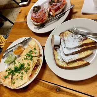 Lox Bagel, french toast, pulled pork quesadilla