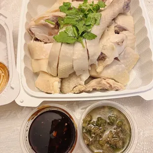 Organic Boiled Chicken. Comes with garlic soy sauce and ginger sauce