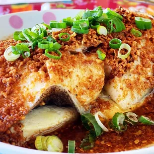 a dish of fish with sauce and green onions