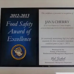 Out of 5,500 businesses in Sacramento county, only about 600 receive this award! Way to go Weasie (owner of Java Cherry)!!!!!!