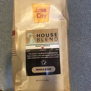 a bag of house blend coffee