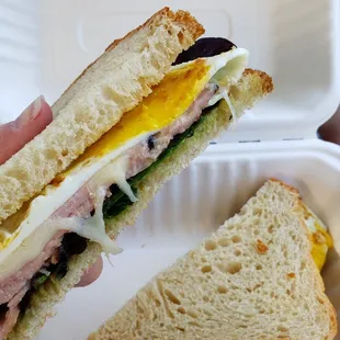 Egg Sammie (fried egg, greens, guac, and ham)