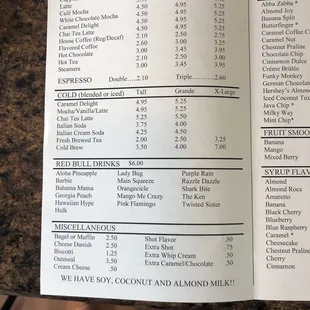 a menu for a coffee shop