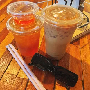 Iced green tea with a side of peach syrup &amp; a salted caramel iced coffee.