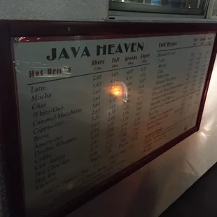 the menu for java heaven