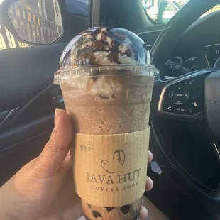 Dirty Monkey with Brown Sugar Bobba added and with Oat milk instead