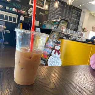Corn hole iced coffee with almond milk