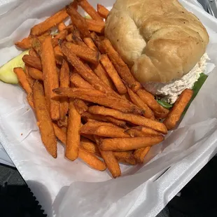 Chicken salad croissant with sweet potato fries