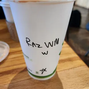 a cup of coffee with the name rez win written on it
