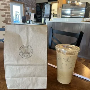 Iced lavender latte and breakfast bagel