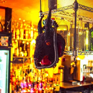 a stuffed animal hanging from the ceiling of a bar