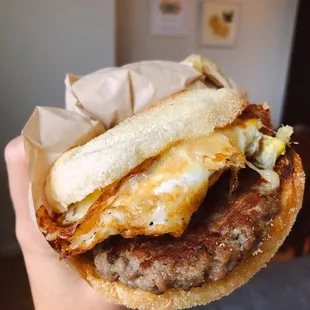 Sausage, egg, and cheese on English muffin