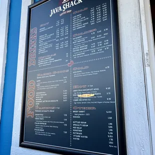 Java Shack menu