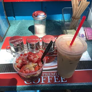 Açaí bowl and vanilla coffee.