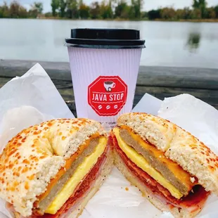 "Perks of Being a Wallflower" lavender oat milk latte &amp; The Ultimate breakfast sandwich on Asiago bagel.