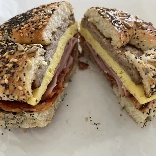 Everything bagel, with the meat trio and cheddar