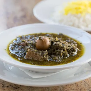 Gormeh Sabzi (Green onion, parsley, spinach, herbs sauteed and cooked with angus beef)