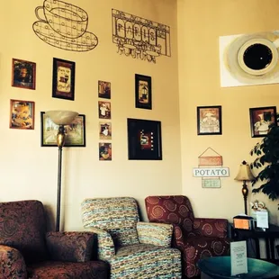 One of the seating areas. There's a TV that these seats face.