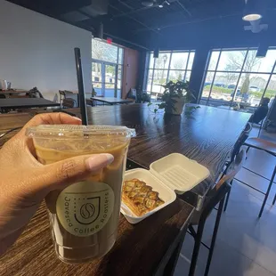 Caramel cookie butter latte and spinach and feta pastry