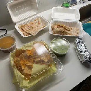 Side of beans, Cheese Quesadilla, Chips with Guacamole and Beef Taco