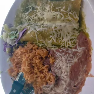 Shrimp enchiladas, beans &amp; rice