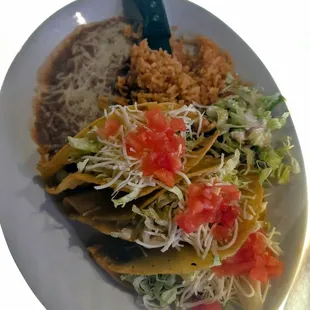 Crispy shell beef tacos, beans &amp; rice