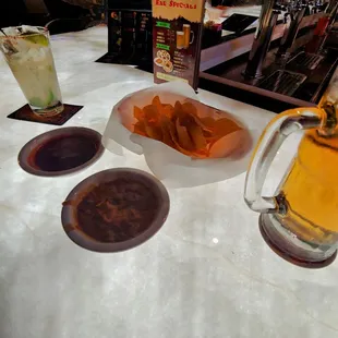 Bar seating, chips, salsa &amp; beans, drinks