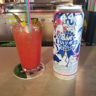 Her Bloody Mary, His PBR Tall Can.