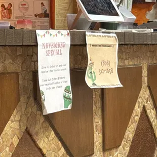 NOV special. Dine in 75$+ = 1 free fried ice cream  Takeout 100$+ = 1 free bag of chips &amp; salsa