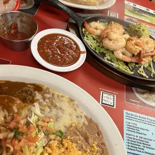 Ground beef enchiladas plate , Garlic shrimp, tortillas y salsa, Tacos birria plate!!