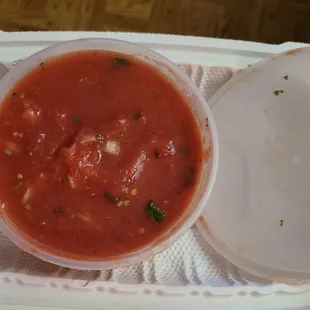 Take-out order of salsa.